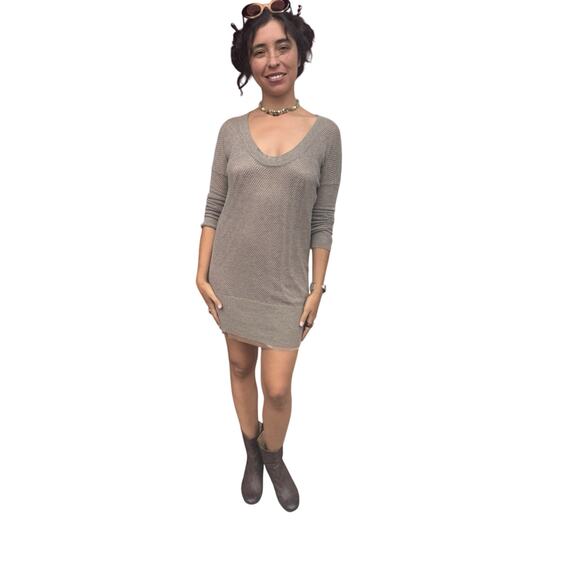 James Perse Wool Cashmere Loose Knit V-Neck Mini Dress Taupe Size 2 Small - Picture 2 of 9